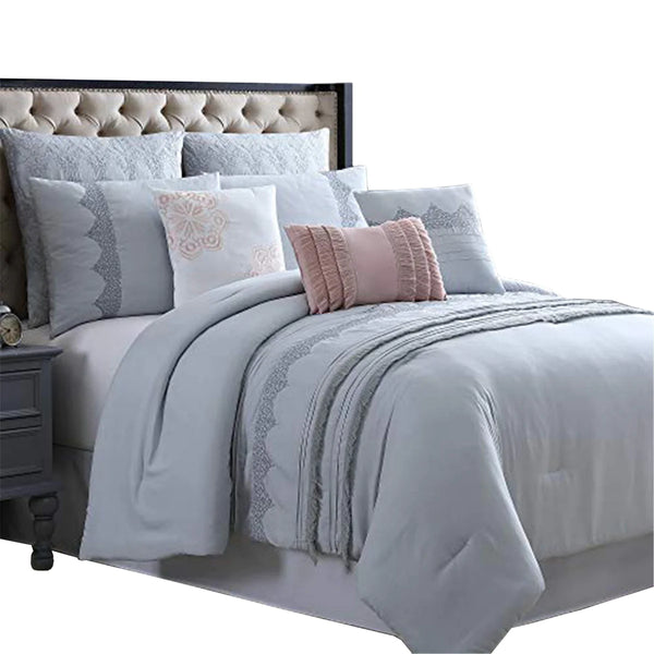 Valletta 8 Piece Gray Microfiber Comforter Set with Embroidery and Pleats
