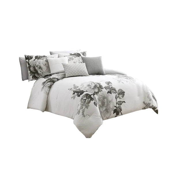 Blooms in Harmony: 7 Piece Gray and White Cotton Queen & King Comforter Set
